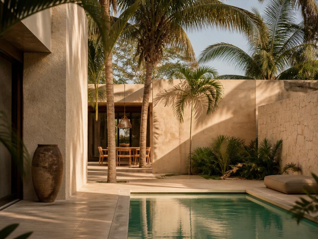 Vista de una villa premium con piscina y palmeras en Tulum, México.